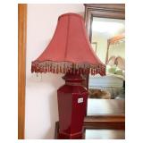 BURGUNDY LAMP WITH BEADED SHADE