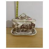 VINTAGE BROWN TRANSFER SOUP TUREEN WITH LID AND