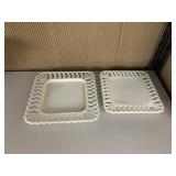 MILK GLASS SQUARE TRAY DISHES, OPEN WEAVE