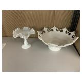 MILK GLASS PEDESTAL BOWLS, RUFFLED EDGE, OPEN
