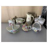 MILK GLASS CANDY DISH SIGNED, COPLEY CREAMER,