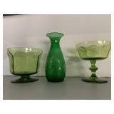 GREEN PEDESTAL BOWLS, VASE