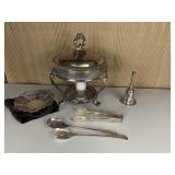 SILVER PLATE CHAFFER DISH, ICE TONGS, BELL, ETC.