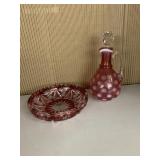 FENTON POLKA DOT CRUET, CUT GLASS RUBY BOWL