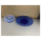 BLUE GLASS CAKE PLATE OPEN WEAVE EDGE 9.5"