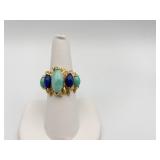 14K RING - 5 STONE - 2 SAPPHIRES AND 3 TURQUOISE