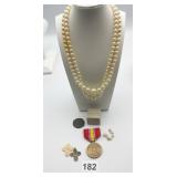 MEDALS, FAUX PEARL NECKLACE