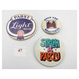THREE BEER BUTTONS INCLUDING PABST LIGHT BEER,