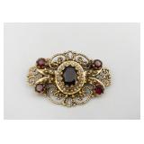 14K BROOCH AMBER STONES - 1.5" ORNATE DECORATION