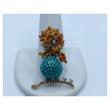 14 K GOLD BIRD PIN SITTING ON BRANCH 1.5" H 10.6