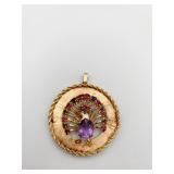 14K GOLD PEACOCK PENDANT W/ MULTIPLE STONES W/
