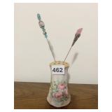 PORCELAIN FLORAL HAT PIN HOLDER, INCLUDES TWO HAT