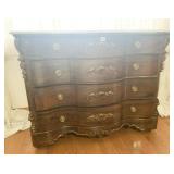 HEAVY WOOD CARVED CHEST OF DRAWERS WITH MARBLE