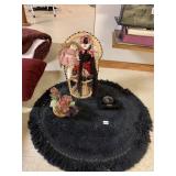 HAND SEWN FABRIC DOLLS, SMALL ROUND RUG, PEACOCK