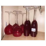 4 CRANBERRY GLASSES, 4 RUBY CHAMPAGNE GLASSES