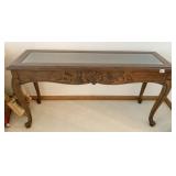 CARVED FRONT TURNED LEG LIBRARY TABLE WITH INSET