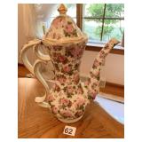 PORCELAIN PIN ROSE TALL TEAPOT W/ GOLD TRIM 13" H