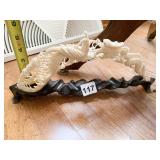 CHINESE CARVED HORN W/ DRAGON AND BIRD ON WOOD