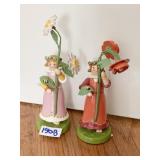 2 HAND PAINTED WOODEN GIRLS WITH FLOWERS, 5.5"