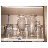 APPLIED HANDLE WATER PITCHER, VASE AND GLASSES
