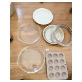4 MUFFIN TRAYS, GLASS PIE PAN, CRUST PROTECTOR
