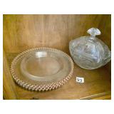 COVERED CANDY DISH AND GOLD RIM PLATES