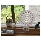 GLASS PLATE, PORCELAIN FLOWER AND ELEPHANT