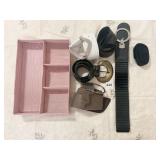 PINK ORGANIZER WITH LADIES BELTS MOSTLY LARGE