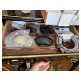 CORDED MICE, STYLUS, ORGANIZER TRAY, SILVER PHONE