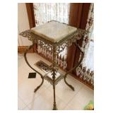 ANTIQUE MARBLE INSET 2 TIER METAL PLANT STAND