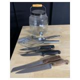 GLASS BOTTLE W/ WOOD BAIL HANDLE, WHISK, KNIVES,