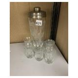 VINTAGE ETCHED COCKTAIL SHAKER, 5 SMALL GLASSES