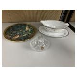 NORITAKE GRAVY BOAT, LENOX BIRD PLATE, CRYSTAL