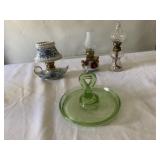 GREEN DEPRESSION DISH, 3 MINI OIL LAMPS