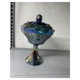 CARNIVAL GLASS CANDY DISH GRAPE DESIGN 10" H