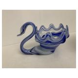 BLUE SWIRL GLASS SWAN, 6" H X 9" W