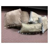 THROW PILLOWS BEIGE, BLUE SATIN LOOK WITH DESIGN