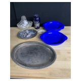 4 PLASTIC BOWLS, BRIDE BASKET, PLATE, BLUE VASE,