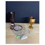 AMBER CHALICE, CRANBERRY VASE, & OTHER