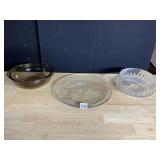 SNOWMAN PLATTER, PYREX SMOKE COLORED BOWL &