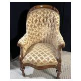 VICTORIAN ARMCHAIR TUFTED BACK CARVED WOOD FRAME