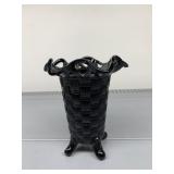 FENTON VASE BLACK GLASS LACE EDGE BASKET WEAVE