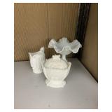 MILK GLASS CREAMER, SUGAR, PEDESTAL BOWL,