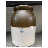 VINTAGE 4 GAL CROCK WITH HANDLES, NO LID, CRACK