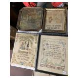 4 FRAMED PIECES PRINT AND 3 NEEDLEWORK PIECES