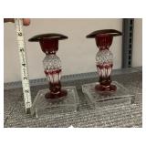RUBY & GLASS CANDLE STICK HOLDERS 6" H