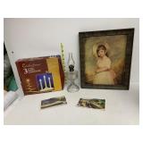 OIL LAMP, PRINT OF GIRL FRAMED, CANDOLIER, POST