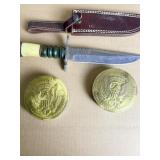 2 BAYONET WALL HANGINGS AND A LARGE BOWIE KNIFE