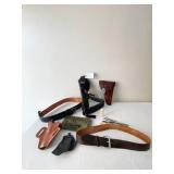 HOLSTERS AND ASSORTED LEATHER SLINGS AND GUN