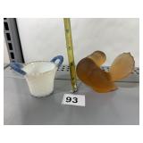 ART GLASS AND BIRD AND DOUBLE HANDLED BASKET HAND